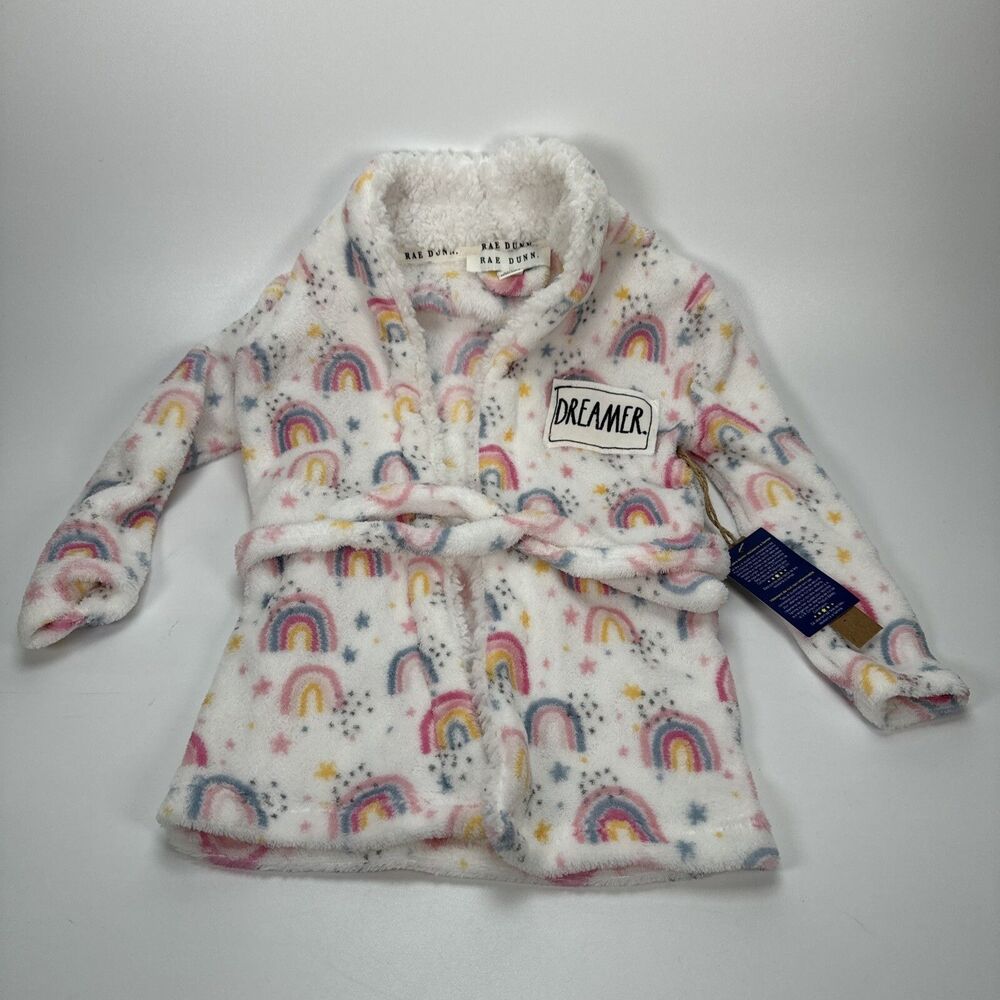NWT Toddler Little Girl Rae Dunn Dreamer Patch Rainbow Print Fleece Robe